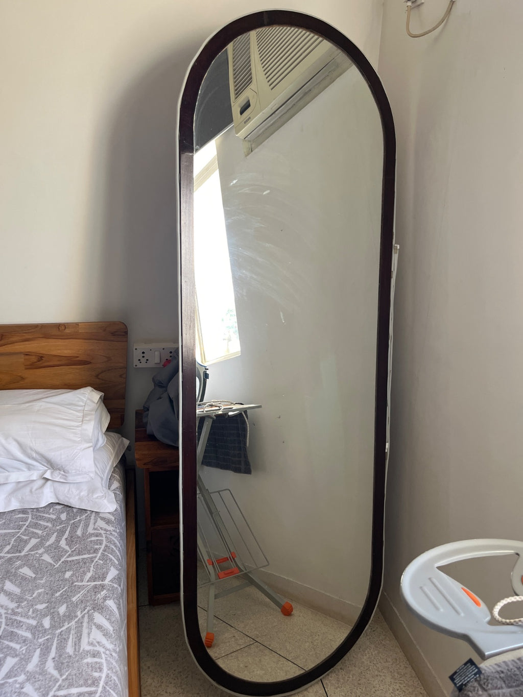 A full size custom mirror with teak wood finish photo 1