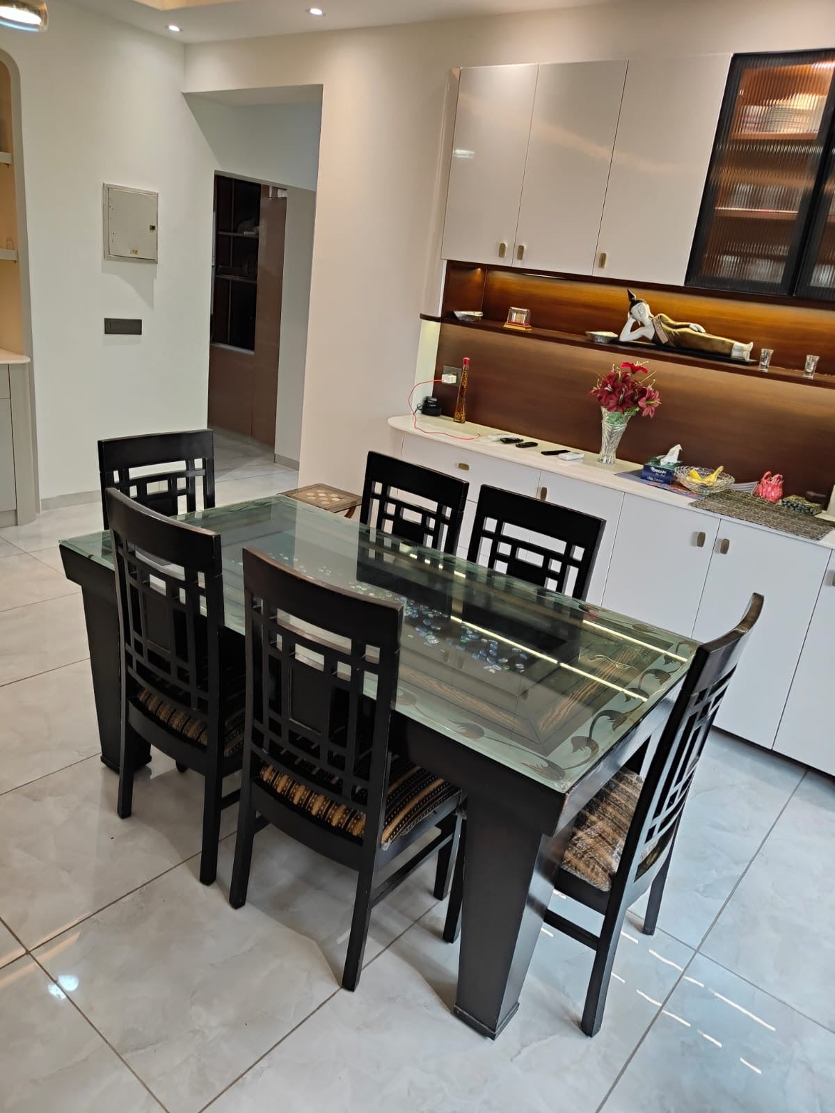6 seater dining table - side view of table and chairs