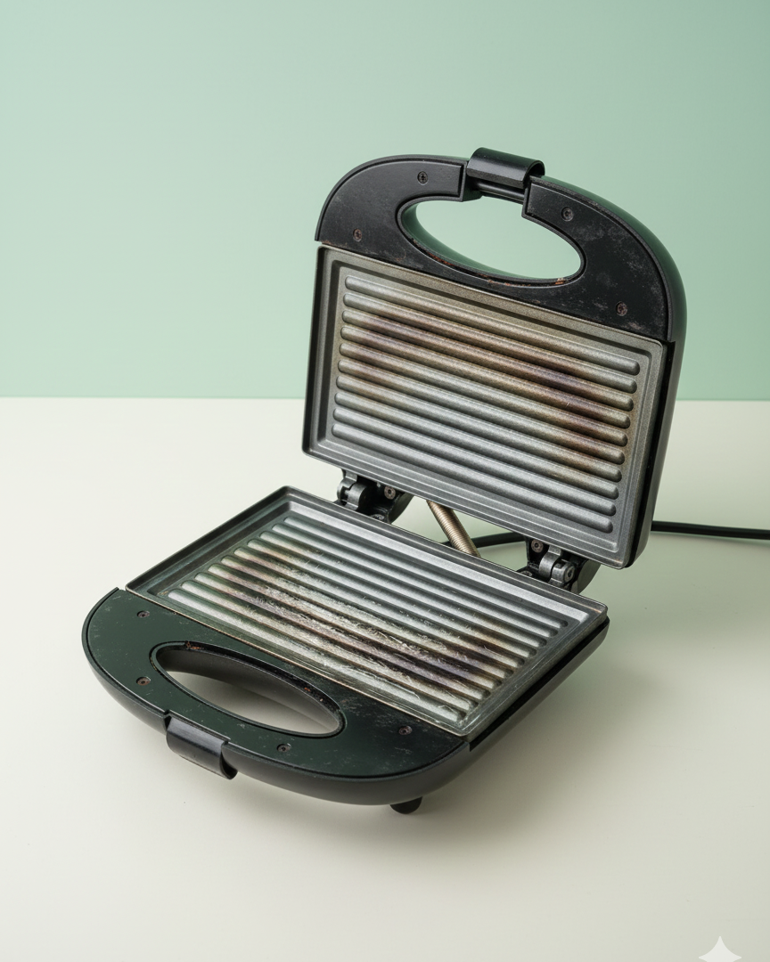 Black grill on a white surface with a light green background