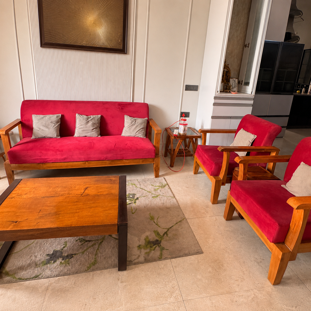 Solid Wood Sofa Set — 3 Seater + 2 Chairs