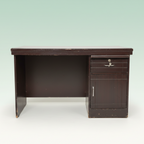 Dark brown wooden desk with a single drawer on a white background