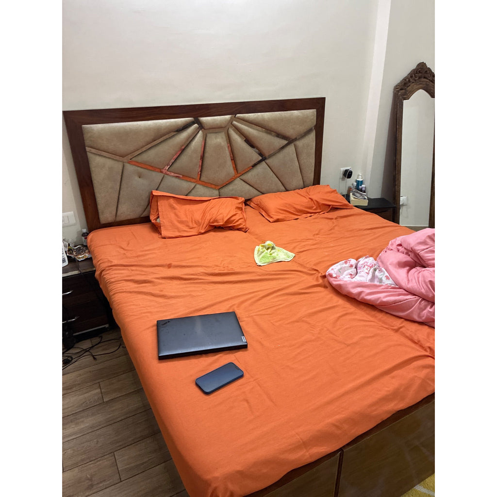 King Storage Bed with Geometric Padded Headboard - used item in Gurugram - photo 1