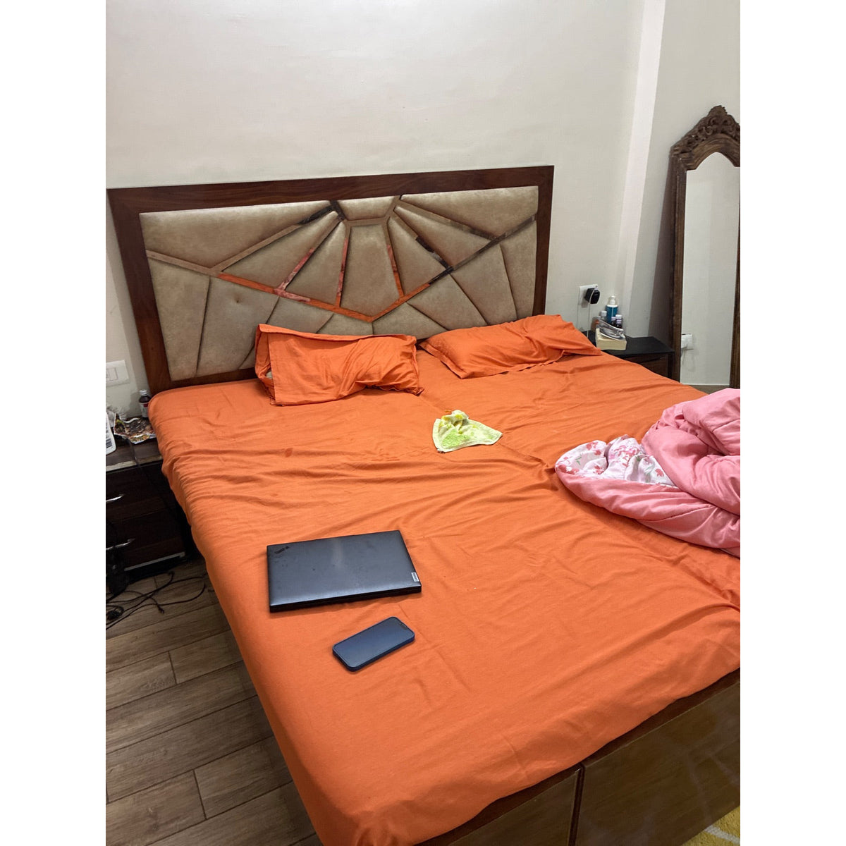 King Storage Bed with Geometric Padded Headboard - used item in Gurugram - photo 1