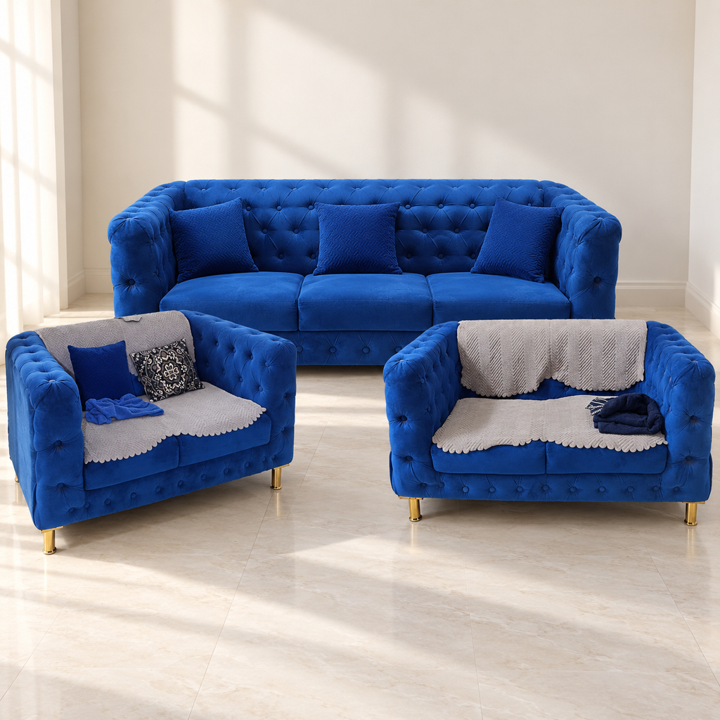 Blue Tufted Velvet Sofa Set, 3+2+2