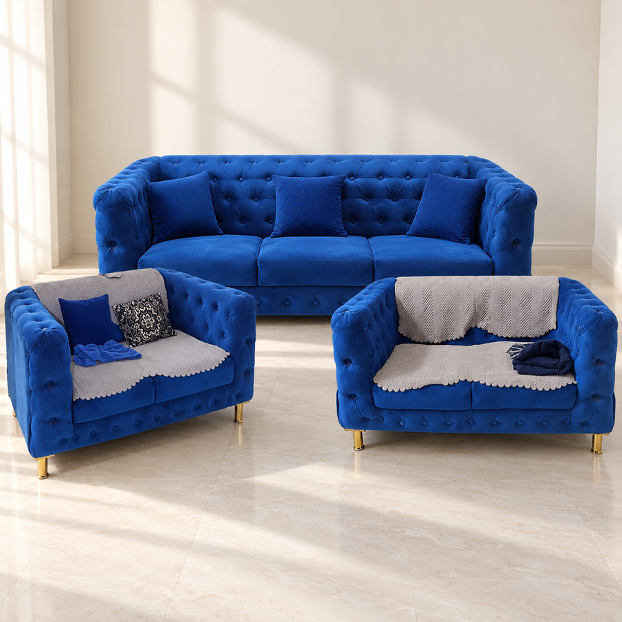 Blue Tufted Velvet Sofa Set, 3+2+2