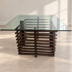 Square Glass-Top Table with Slatted Wooden Base