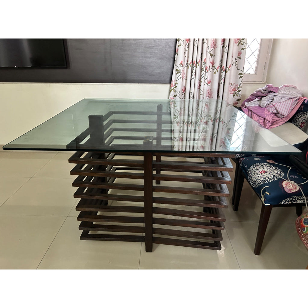 Square Glass-Top Table with Slatted Wooden Base - used item in Delhi - photo 1