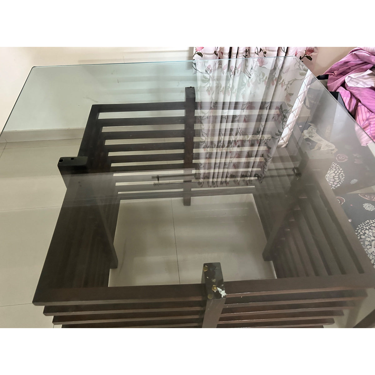 Square Glass-Top Table with Slatted Wooden Base - used item in Delhi - photo 2