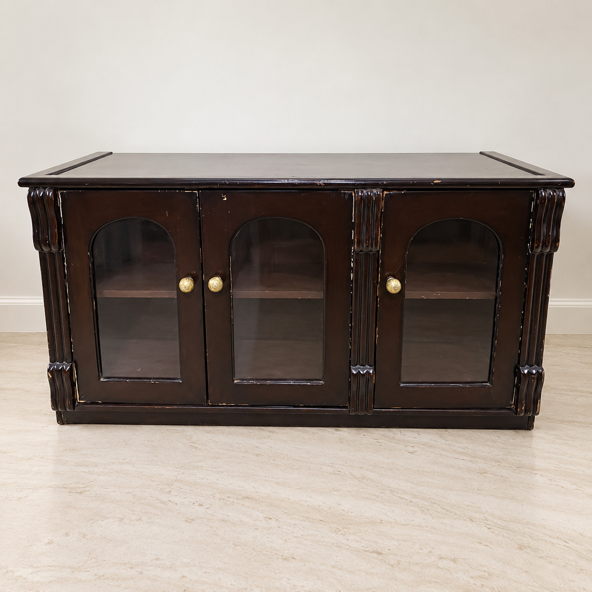 Dark wood-finish glass-door TV unit, Noida