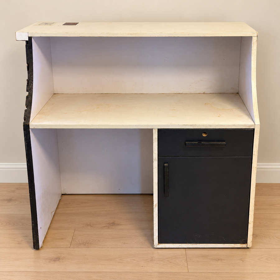 Used white and dark study desk with hutch drawer and cabinet