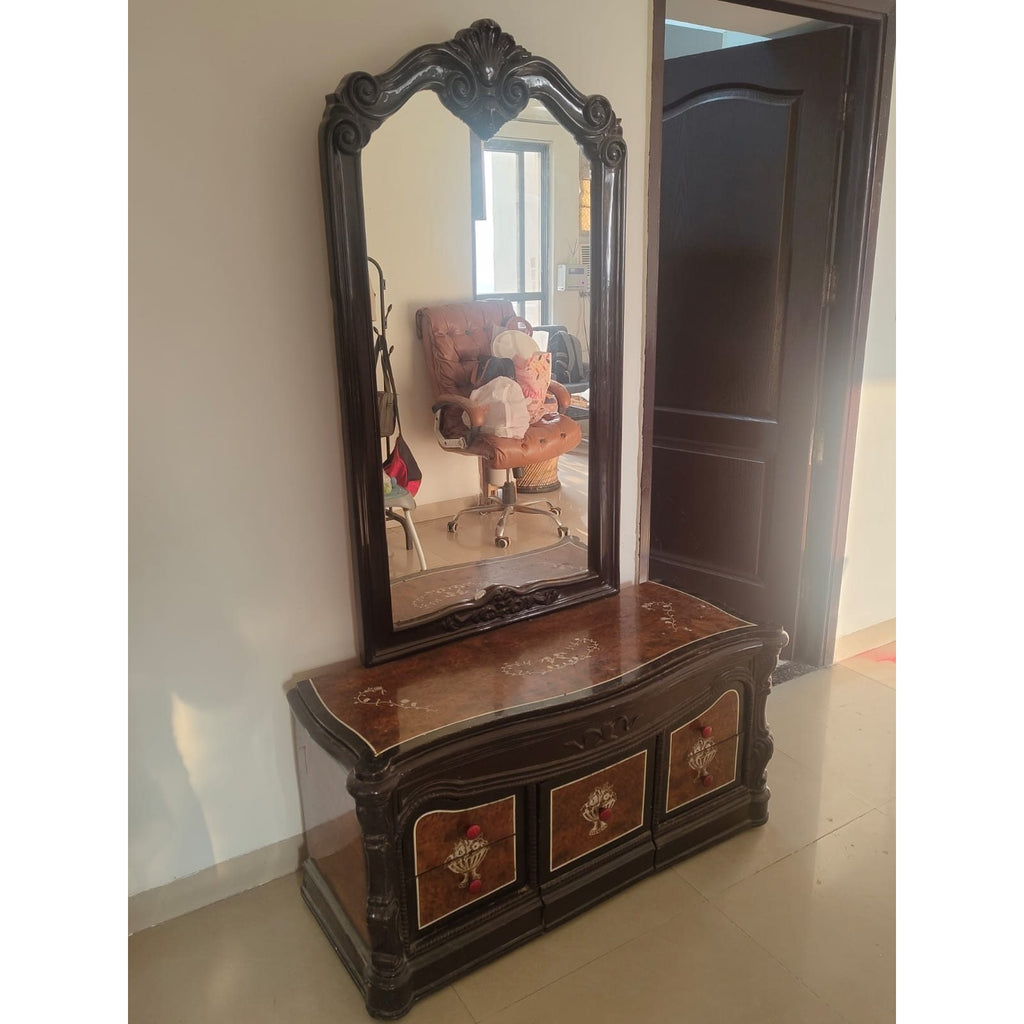 Carved Wooden Dressing Table with Mirror and Stool - seller photo 1