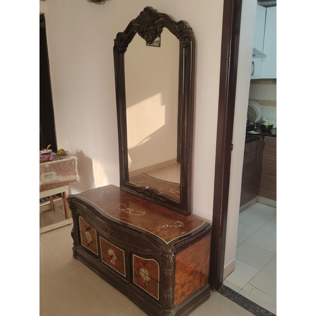 Carved Wooden Dressing Table with Mirror and Stool - seller photo 2