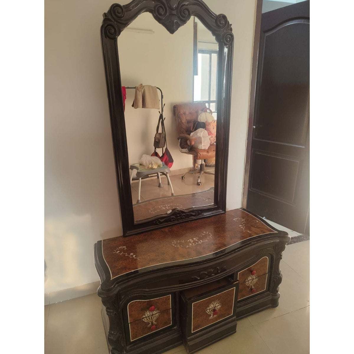 Carved Wooden Dressing Table with Mirror and Stool - seller photo 3
