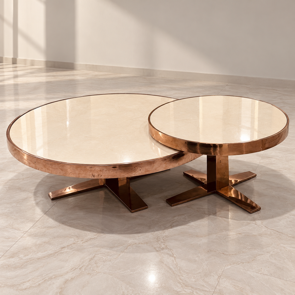 Round Marble-Top Centre Tables with Rose-Gold Finish (Set of 2) - hero