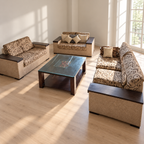 3+2+2 patterned fabric sofa set with worn centre table, used condition