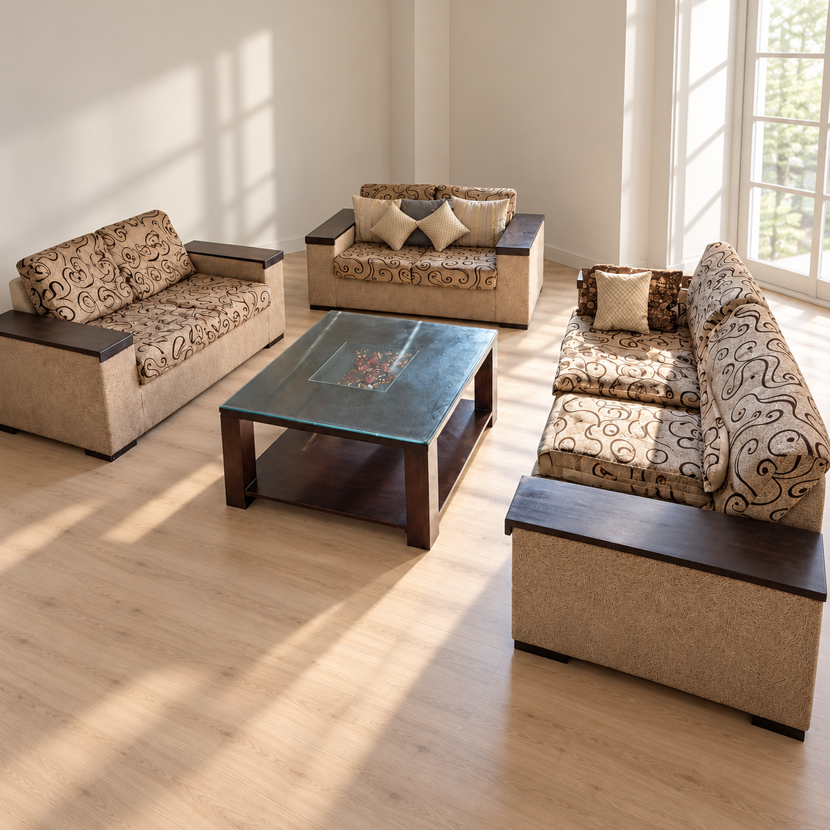 3+2+2 patterned fabric sofa set with worn centre table, used condition