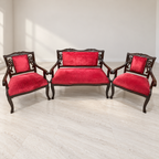 Carved Wooden 2+1+1 Sofa Set with Red Fabric Upholstery - Noida
