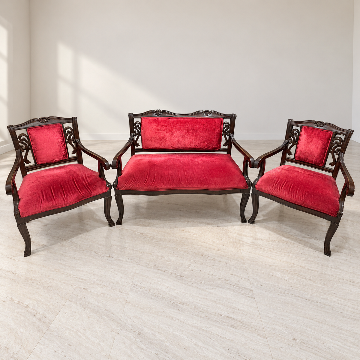 Carved Wooden 2+1+1 Sofa Set with Red Fabric Upholstery - Noida