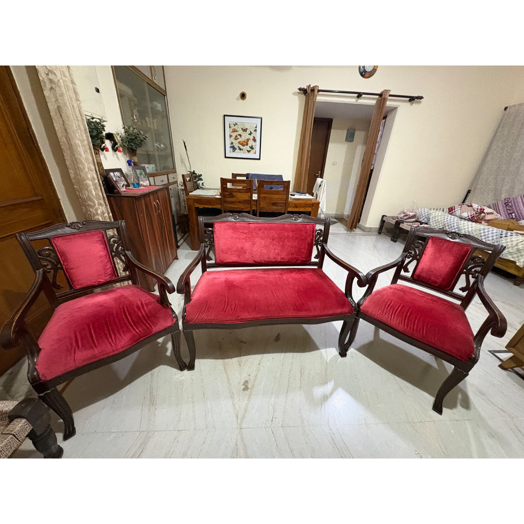 Carved Wooden 2+1+1 Sofa Set with Red Fabric Upholstery - used living-room in Noida - photo 3