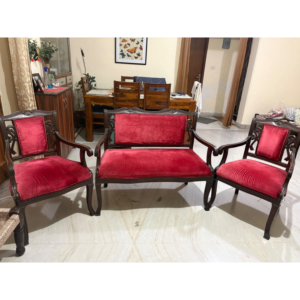 Carved Wooden 2+1+1 Sofa Set with Red Fabric Upholstery - used living-room in Noida - photo 4