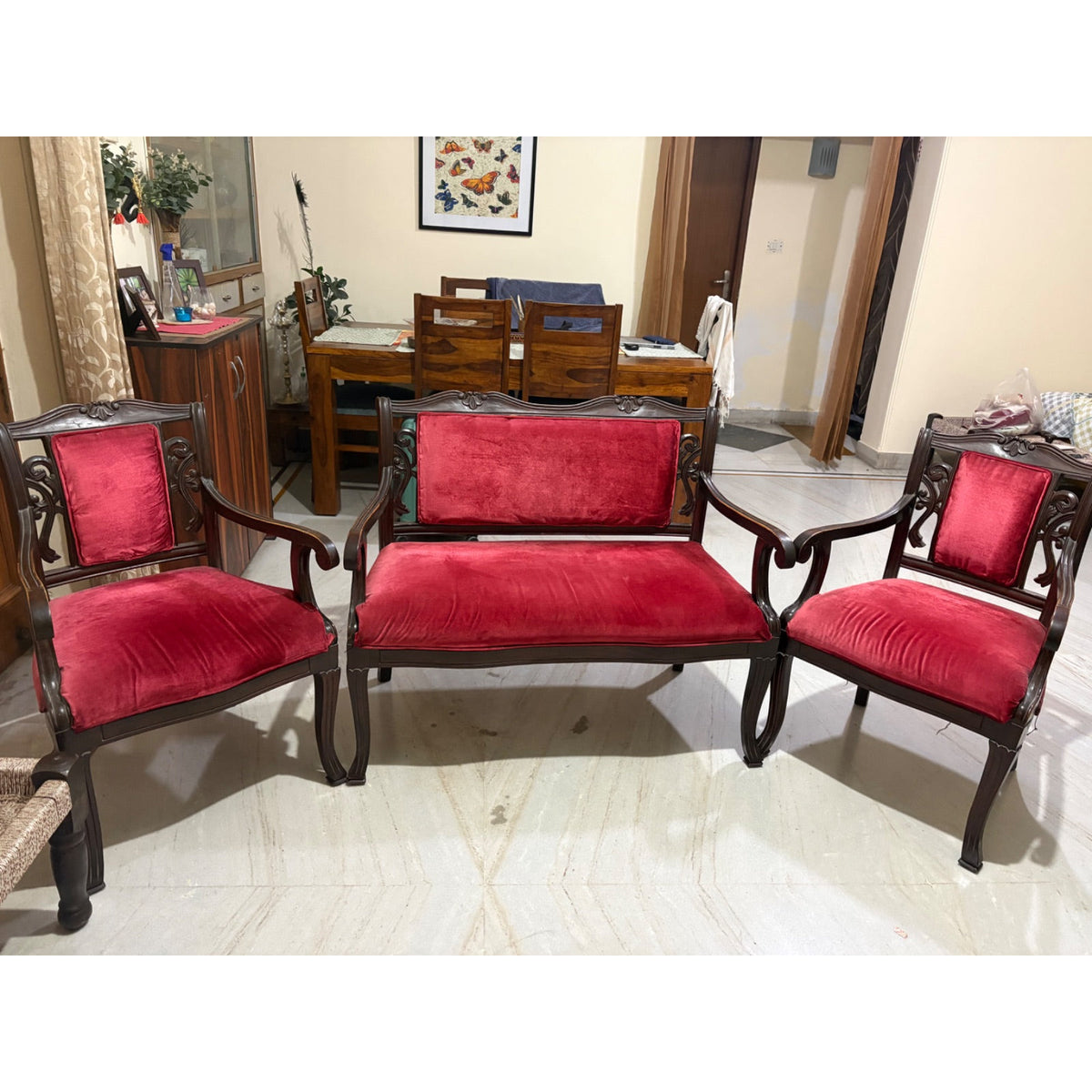 Carved Wooden 2+1+1 Sofa Set with Red Fabric Upholstery - used living-room in Noida - photo 4