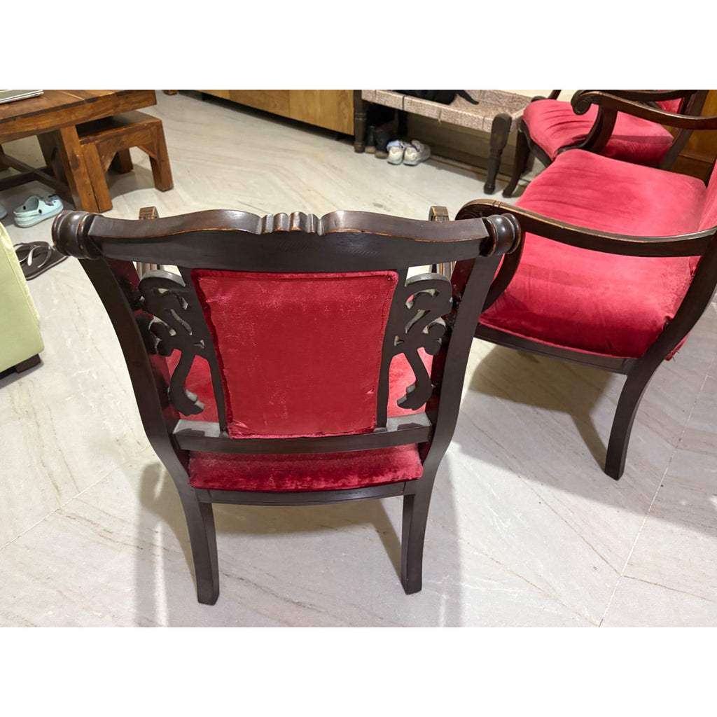 Carved Wooden 2+1+1 Sofa Set with Red Fabric Upholstery - used living-room in Noida - photo 5