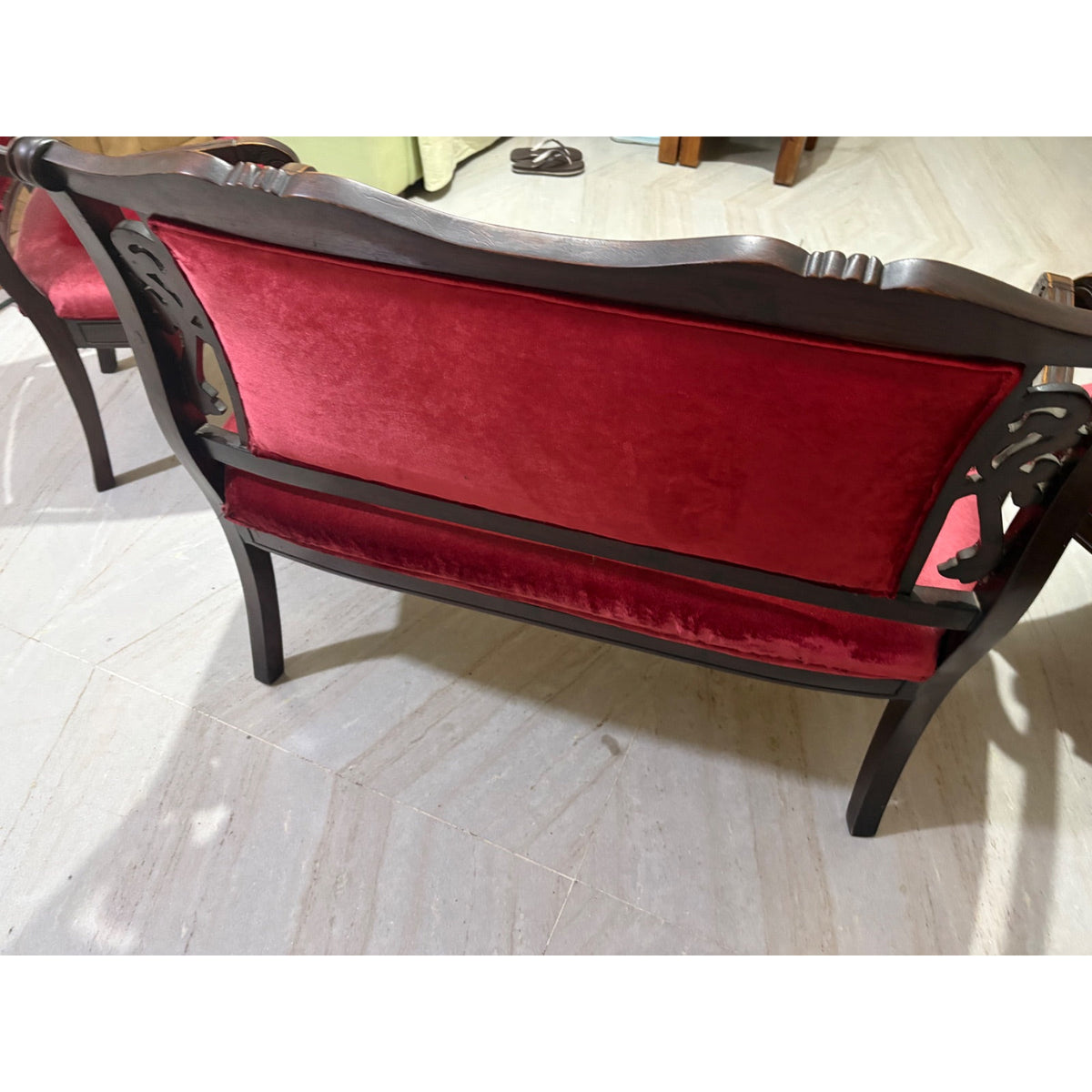 Carved Wooden 2+1+1 Sofa Set with Red Fabric Upholstery - used living-room in Noida - photo 6