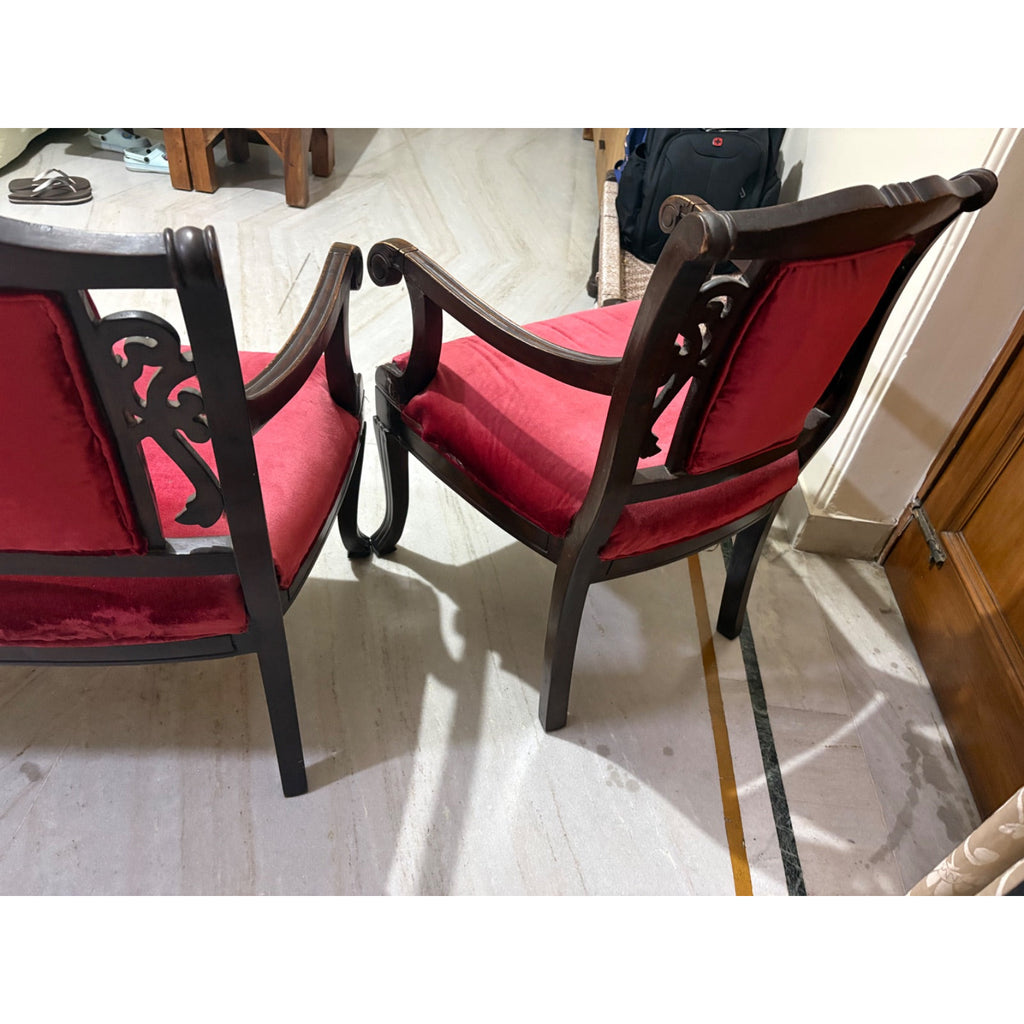 Carved Wooden 2+1+1 Sofa Set with Red Fabric Upholstery - used living-room in Noida - photo 7
