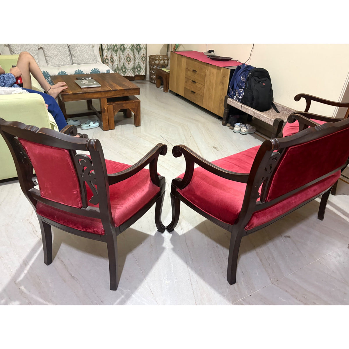 Carved Wooden 2+1+1 Sofa Set with Red Fabric Upholstery - used living-room in Noida - photo 8