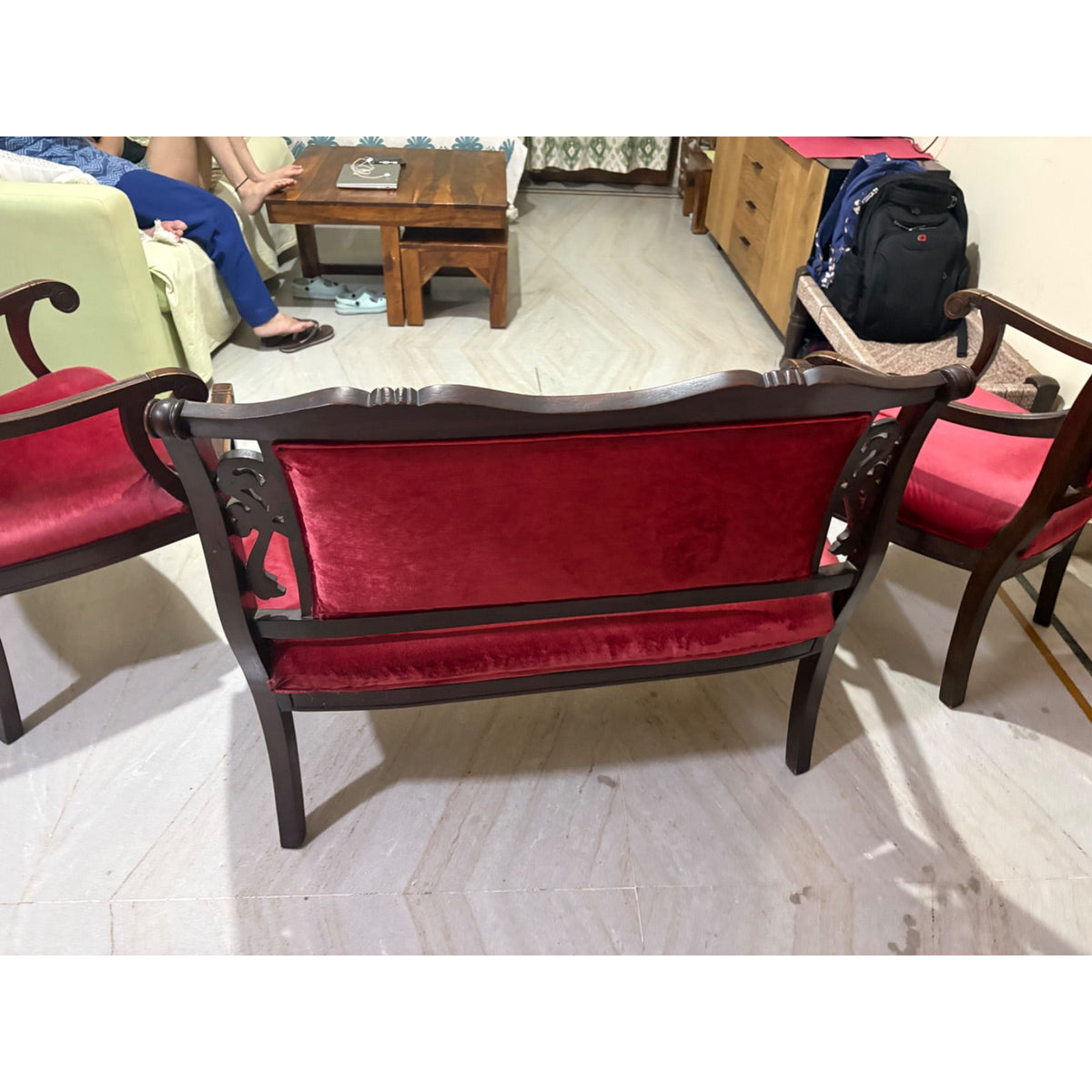 Carved Wooden 2+1+1 Sofa Set with Red Fabric Upholstery - used living-room in Noida - photo 9