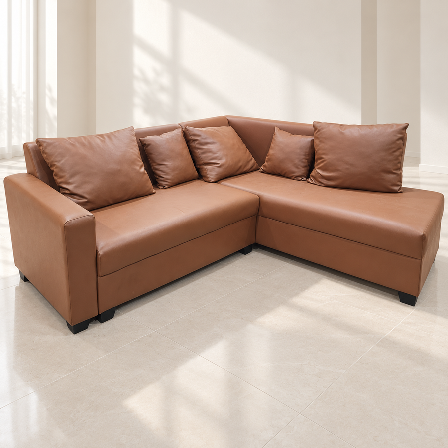 Pepperfry Tan Leatherette L-Shaped Sofa
