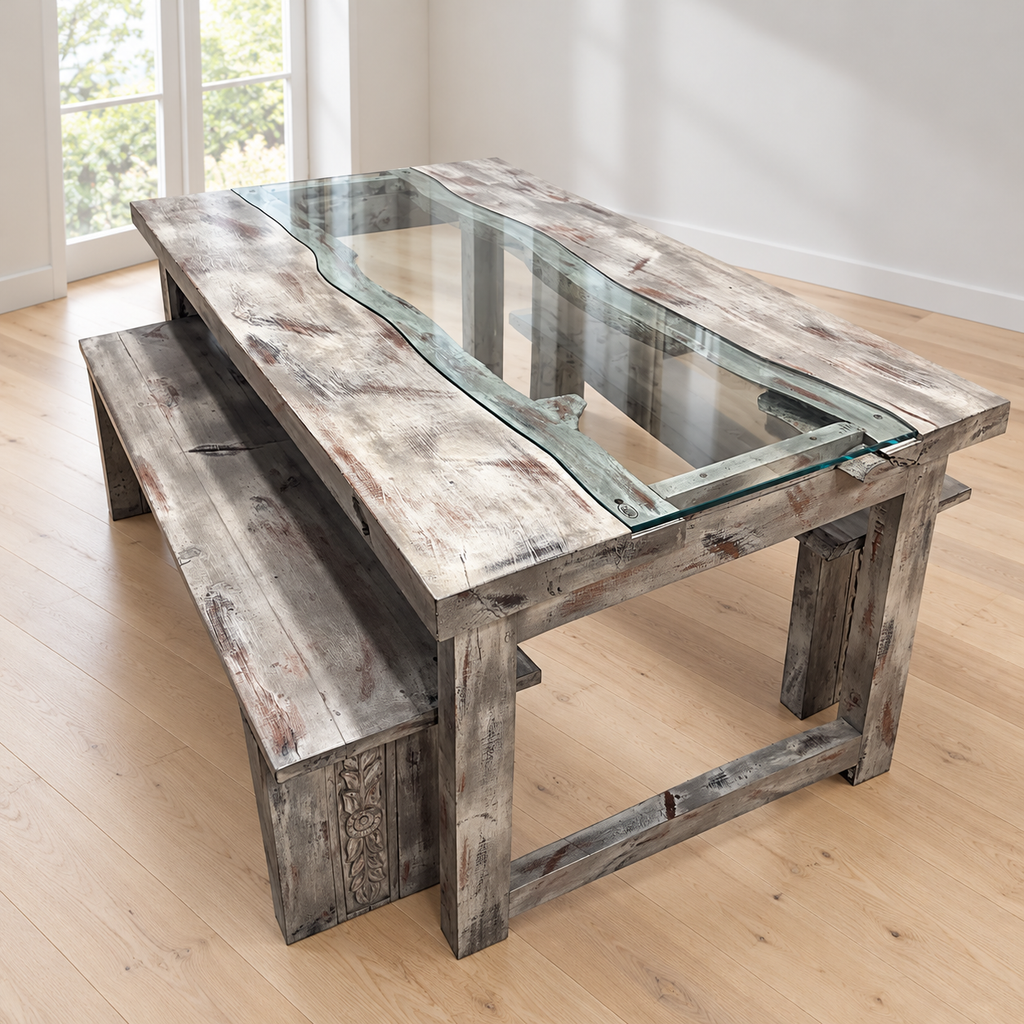 Rustic glass-inlay dining table with two benches in Gurugram