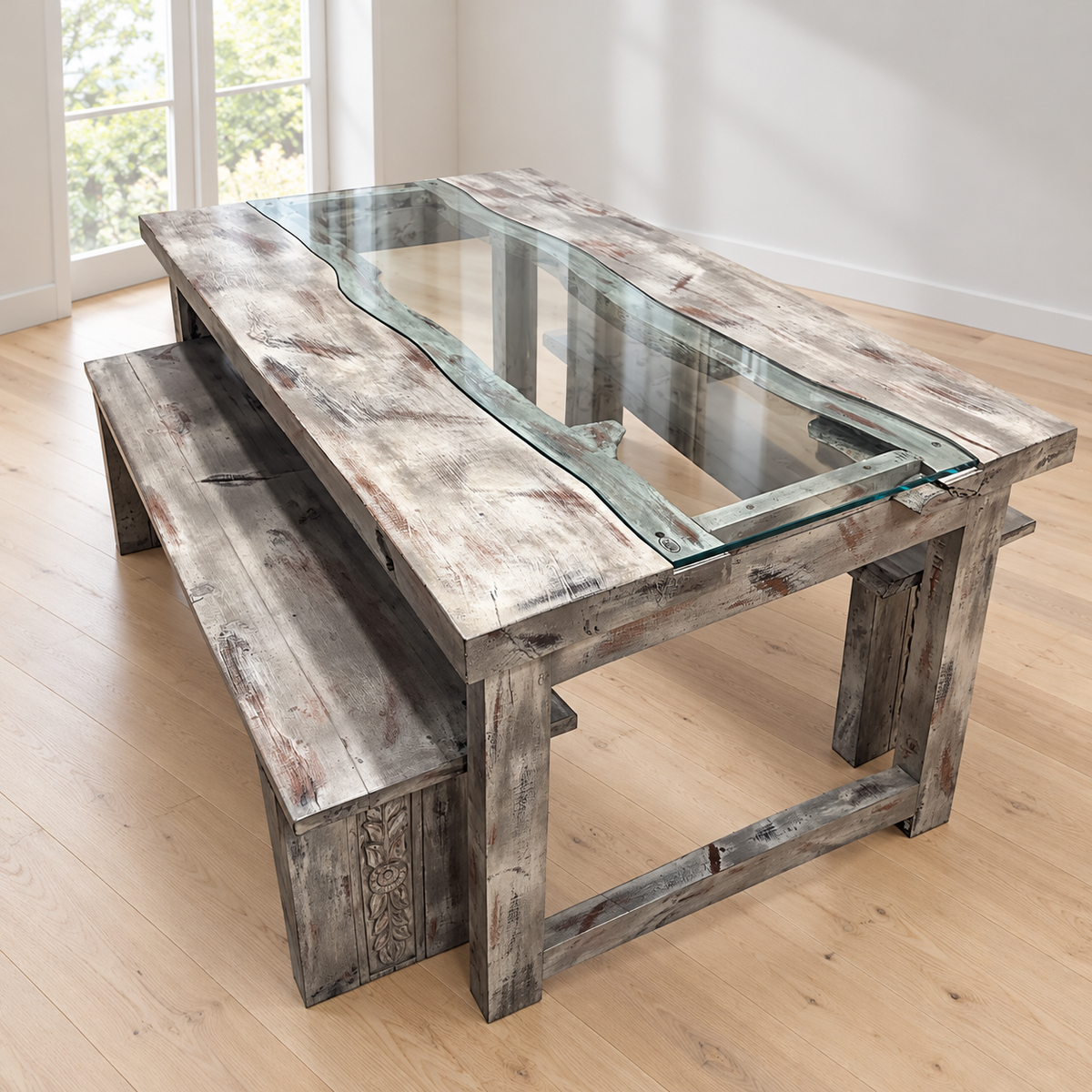 Rustic glass-inlay dining table with two benches in Gurugram