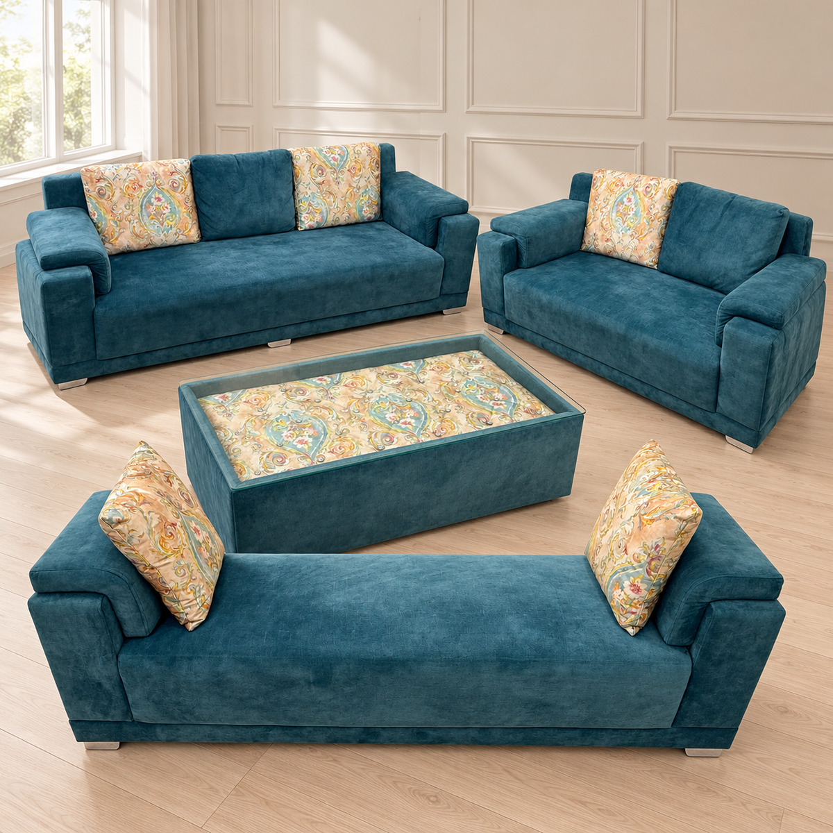 Teal sofa set with backless settee and centre table in Noida