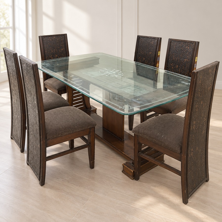 Glass-Top Dining Table with Six Wooden Chairs