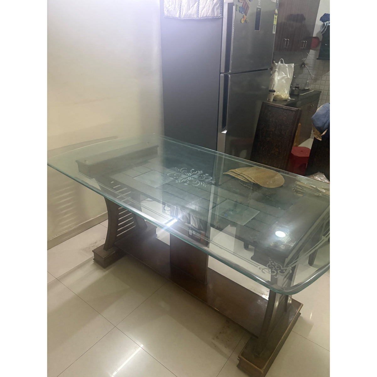 Glass-Top Dining Table with Six Wooden Chairs - used item in Noida - photo 1