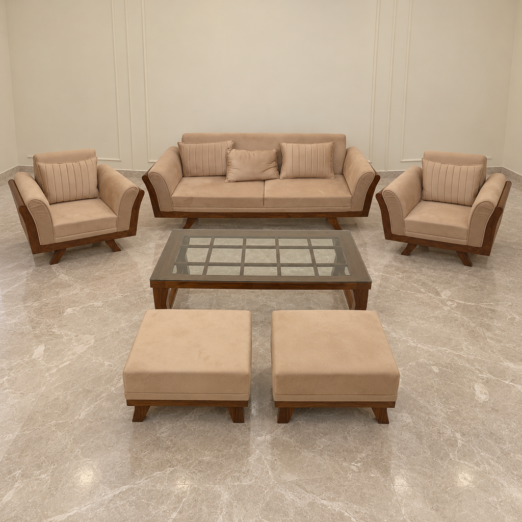 Lightly used beige sheesham 3+1+1 sofa set with two pouffes and glass-top centre table