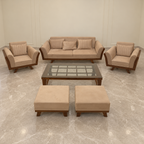 Lightly used beige sheesham 3+1+1 sofa set with two pouffes and glass-top centre table