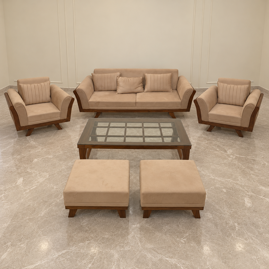 Lightly used beige sheesham 3+1+1 sofa set with two pouffes and glass-top centre table