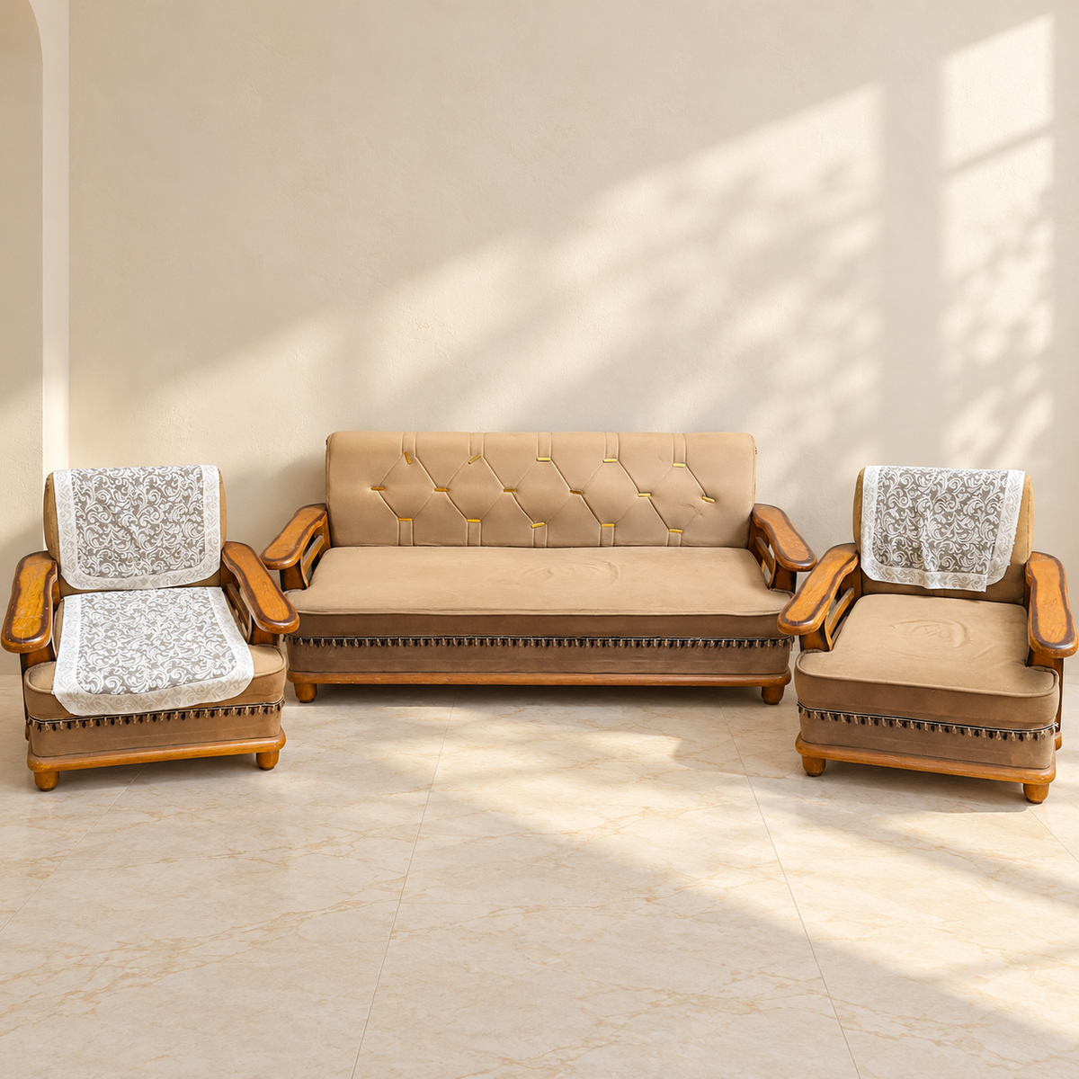 Beige Wooden Sofa Set, 3+1+1