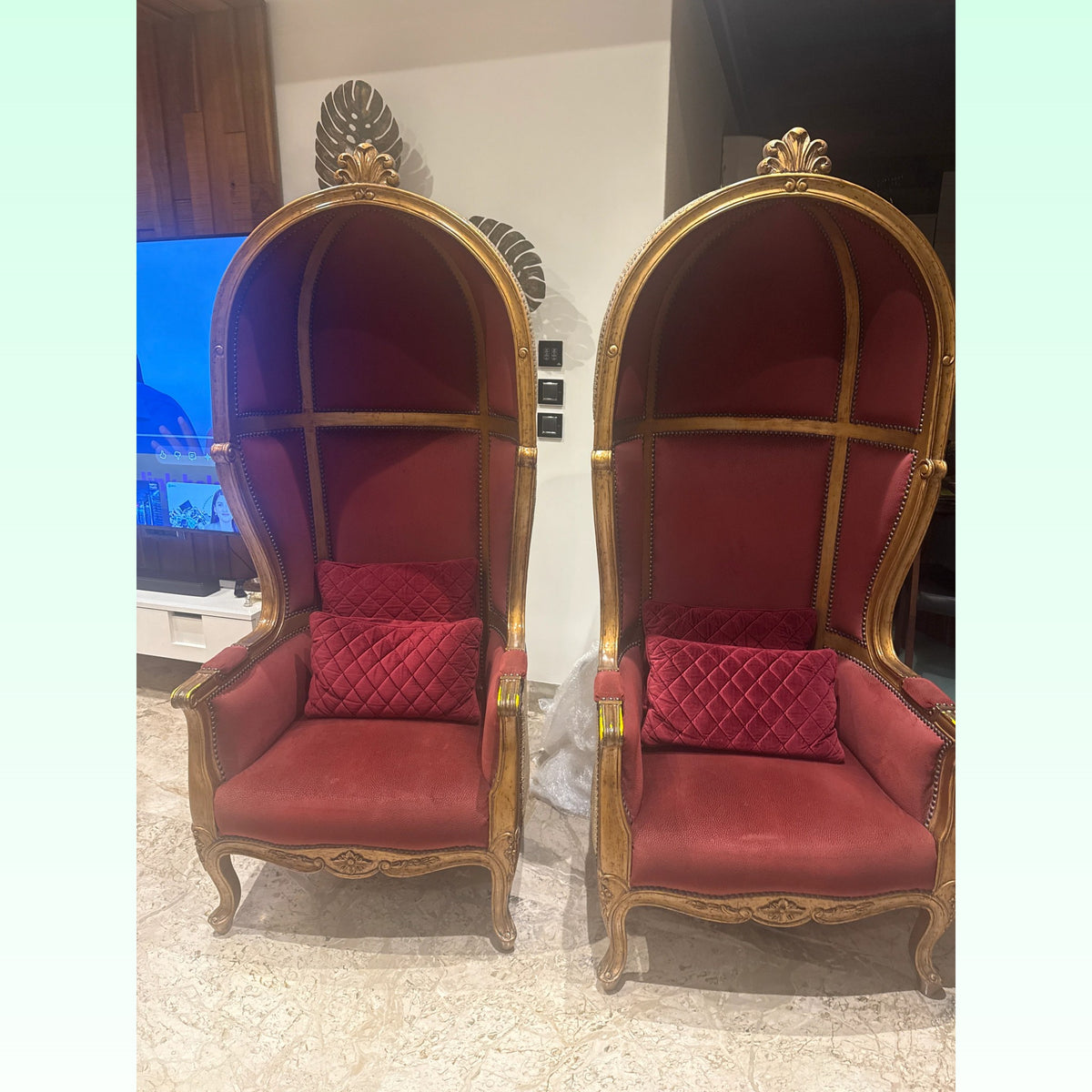 Pair of Carved Canopy Chairs in Red Velvet photo 2