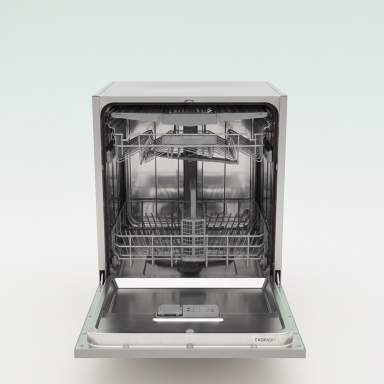Open silver dishwasher on a white background