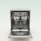 Open silver dishwasher on a white background