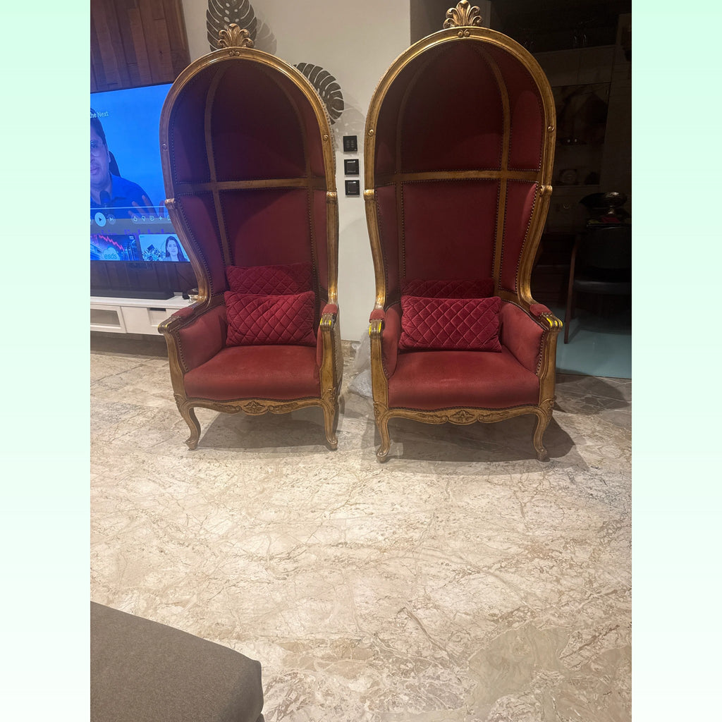 Pair of Carved Canopy Chairs in Red Velvet photo 4