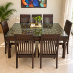 6 Seater Solid Wood Dining Set with Brass Work and Glass Top