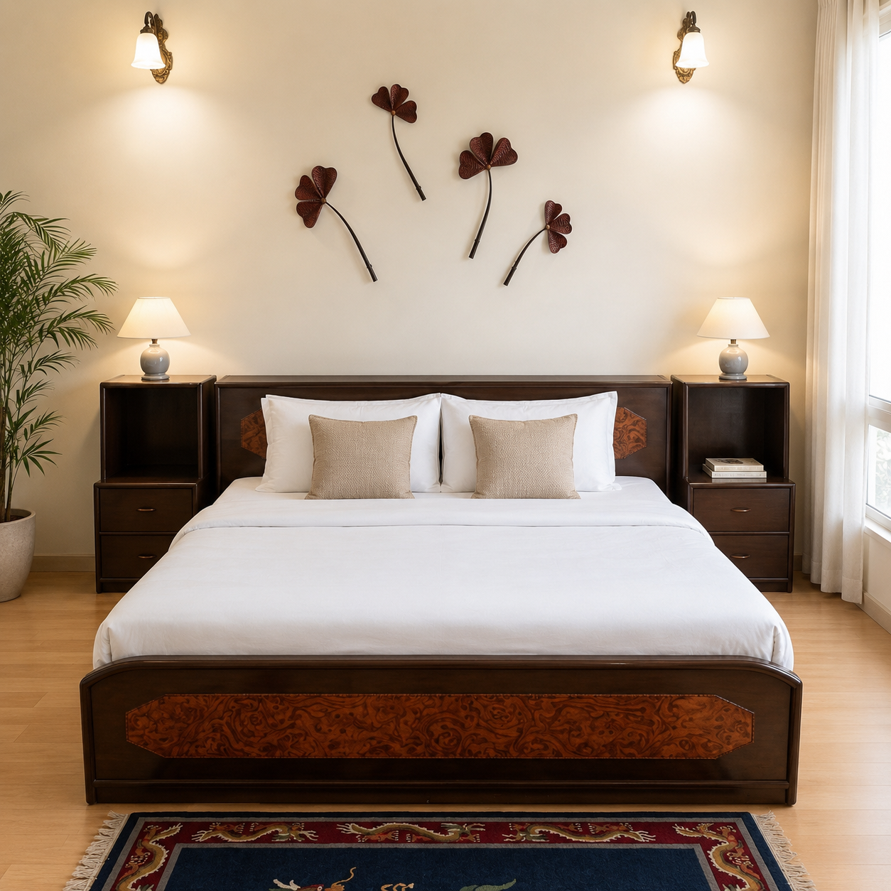 Premium Teak Wood Bed + 2 Side Tables + Sleepwell Mattress