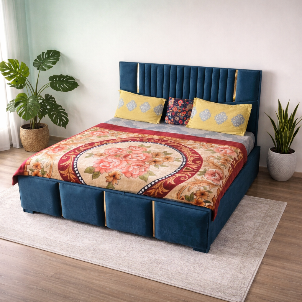 Double Bed with Mattress (Navy Blue)