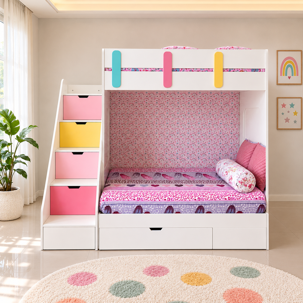 Kids Bunk Bed with Storage & Mattresses