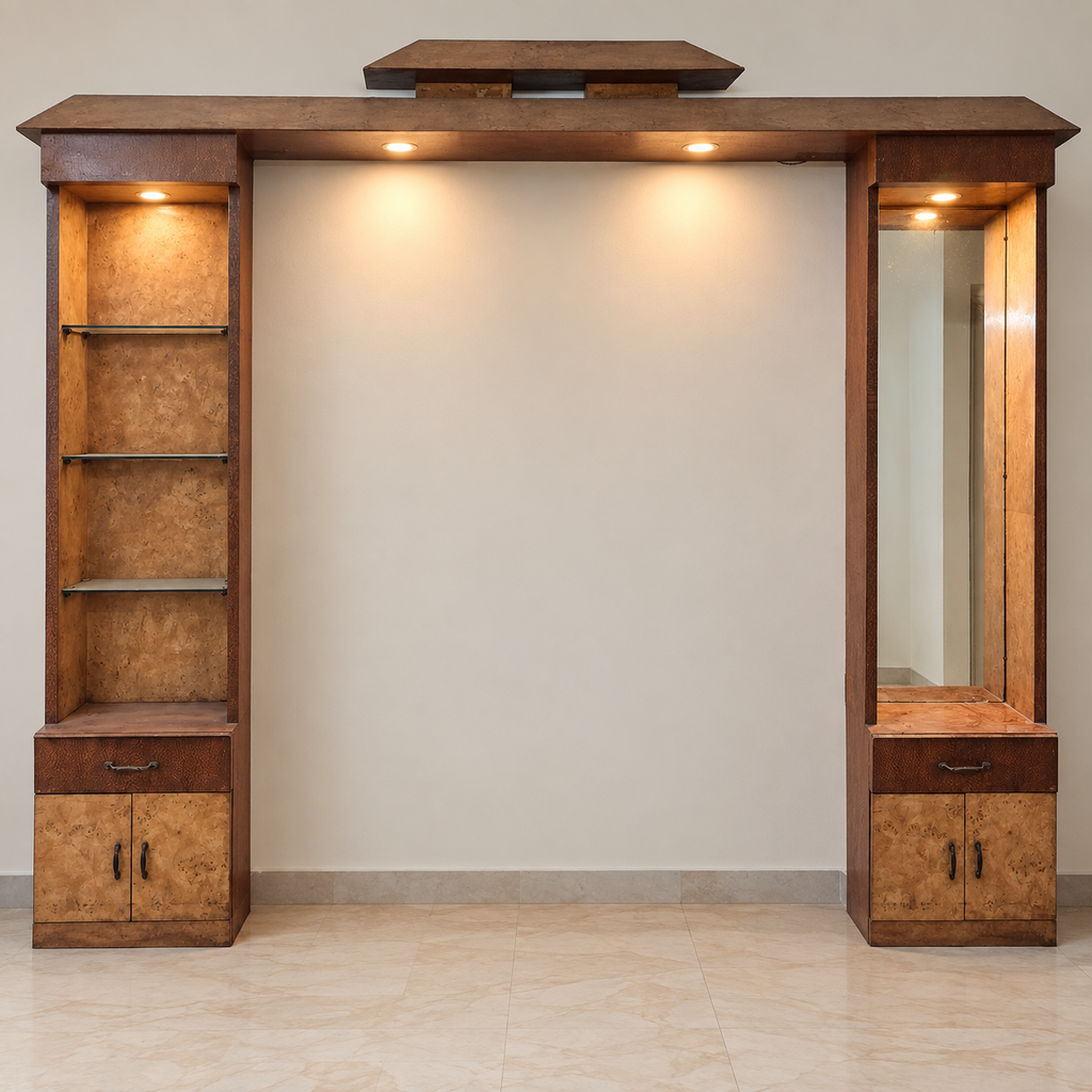 Wooden Sofa Backwall Unit with Mirror and Lights