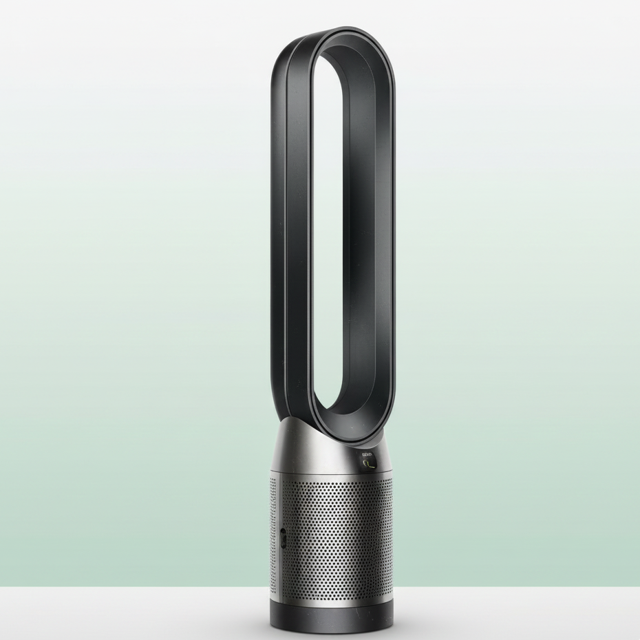 Black and silver air purifier on a light green background